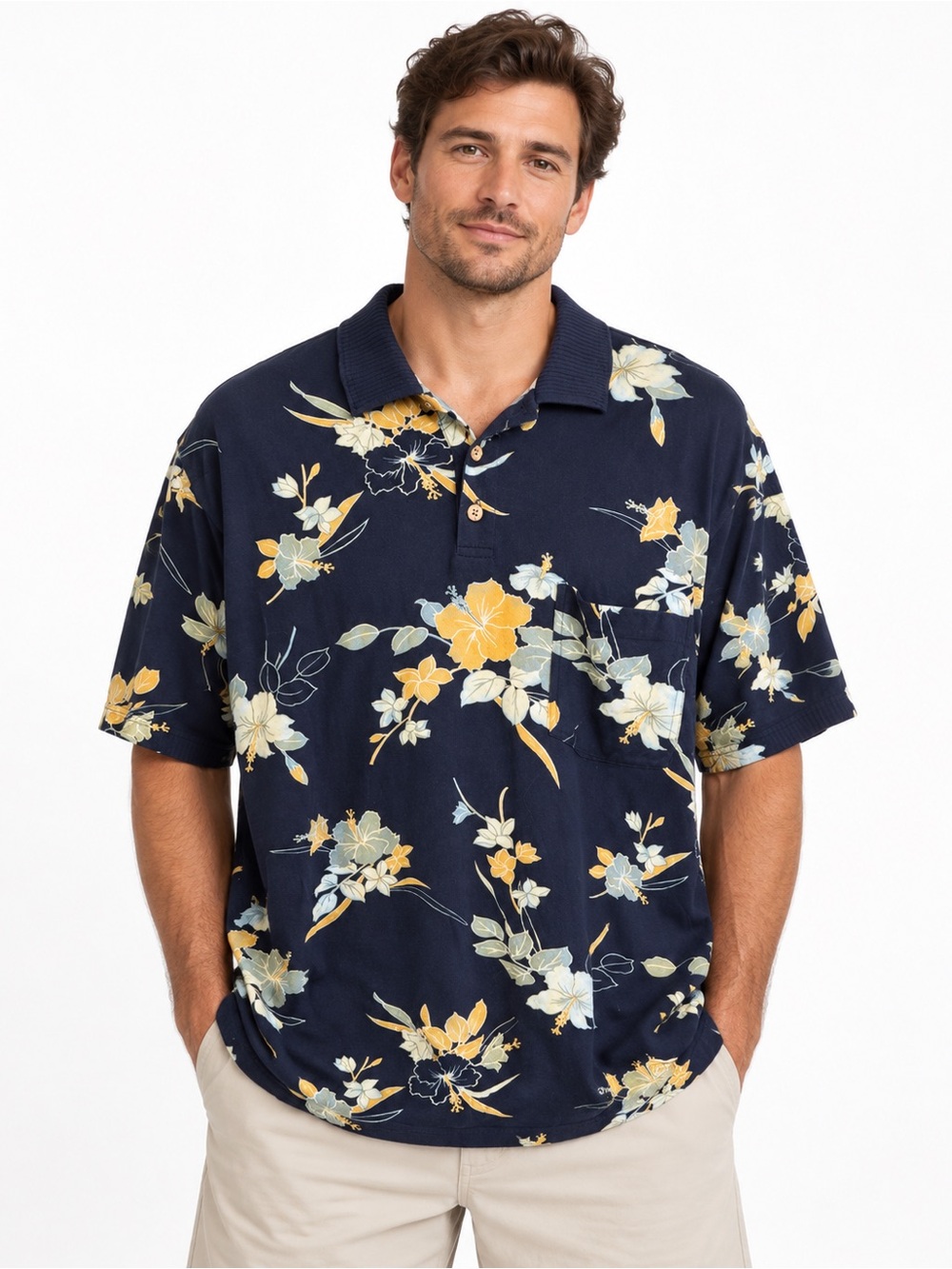 Tommy Bahama XL Navy Floral Polo Shirt 100% Cotton Tropical Hawaiian